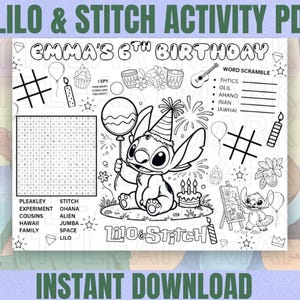 May include: Black and white Lilo & Stitch activity PDF for a 6th birthday. Features Stitch holding a balloon, a word scramble, and an I Spy game. Includes the text "Instant Download".