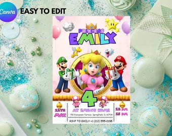 Invito di compleanno della Principessa Peach / Invito Super Mario Principessa Peach / Modello Canva modificabile / Download immediato / Invito per la festa di Peach