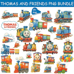 Puede incluir: Una colección de ilustraciones de trenes de dibujos animados coloridos, con los personajes de "Thomas & Friends". Los trenes son principalmente azules, rojos y amarillos, con caras sonrientes y varios diseños. La imagen incluye el texto "THOMAS AND FRIENDS PNG BUNDLE."