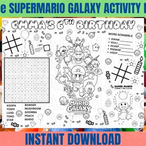 May include: Black and white Super Mario Galaxy activity PDF for Emma's 6th birthday. Includes a word search, word scramble, and connect-the-dots. Features Mario, Luigi, Yoshi, and other characters from the Super Mario Galaxy Movie.