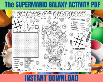 Super Mario Galaxy Birthday Placemat Printable | Kids Party Games & Coloring Activity Sheet | Fun Table Mat PDF Download