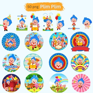 May include: A collection of 50 PNG images featuring Plim Plim, a cartoon clown character. The images include various poses of Plim Plim, circus-themed backgrounds, and circular designs with the character and other cartoon animals.