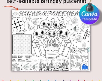 Editable Shark Birthday Activity Placemat Printable – Ocean Themed Kids Coloring Games Sheet for Fun Party Table Fun