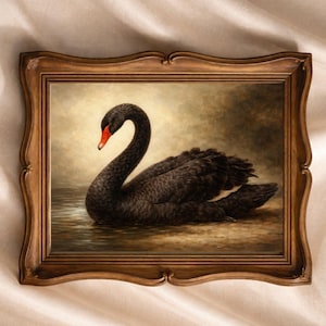 Vintage Swan Painting, Black Swan Wall Art, Dark Cottagecore Wall Decor, Gothic Bird Artwork, Moody Nature Art Print, Digital Download