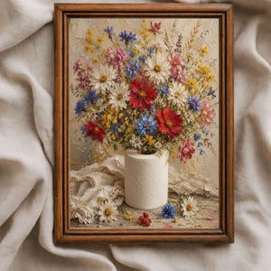 Könnte beinhalten: Ein gerahmtes Gemälde, das einen lebendigen Strauß aus Wildblumen in Rot-, Weiß-, Blau- und Gelbtönen zeigt, arrangiert in einer Vase aus einer Toilettenpapierrolle. Das Bild enthält strukturierte Spitze und verstreute Blütenblätter auf Holz.