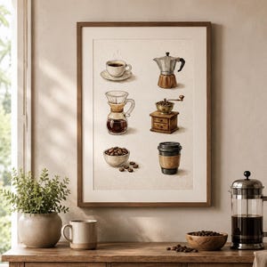 Könnte beinhalten: Ein gerahmter Druck mit Aquarellillustrationen von Kaffeezubereitungsgeräten, darunter eine Tasse und Untertasse, ein Espressokocher, ein Pour-Over, eine Kaffeemühle, eine Schüssel mit Bohnen und ein To-Go-Becher. Der Druck befindet sich über einem Holztisch.