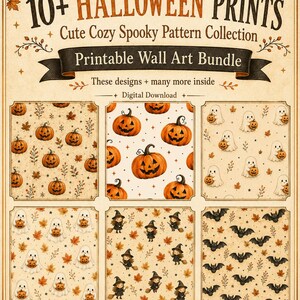 Könnte beinhalten: Ein digitales Download-Paket mit über 10 Halloween-Drucken und einer Sammlung niedlicher, gruseliger Muster. Die Wandkunst besteht aus sechs rechteckigen Feldern mit wiederkehrenden Motiven von orangefarbenen Kürbissen, weißen Geistern, Hexen und schwarzen Fledermäusen.
