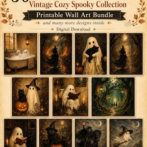 Könnte beinhalten: Ein digitales Download-Paket mit über 50 Halloween-Drucken im Vintage-Stil, gemütlich und gruselig. Die Sammlung enthält Illustrationen von Geistern, Hexen, schwarzen Katzen und Kürbissen in verschiedenen Szenen als Wandkunst.