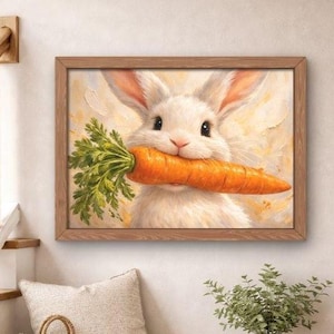 Könnte beinhalten: Gerahmtes Gemälde eines weißen Kaninchens, das eine große orangefarbene Karotte hält. Das Kunstwerk wird über einer Holzbank mit einem Weidenkorb, einem Kissen und einer kleinen Handtasche ausgestellt. Die Szene spielt in einem gut beleuchteten Eingangsbereich.