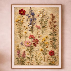 Vintage Wildflower Botanical Wall Art Printable, Pressed Flowers Illustration Poster, Cottagecore Botanical Print, Digital Download