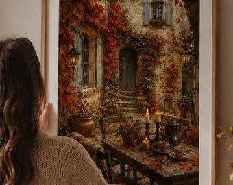 May include: A framed wall art print depicting a rustic stone courtyard scene in autumn, featuring vibrant orange and red ivy climbing stone walls, a wooden table set with candles, and warm glowing lanterns in a detailed, realistic architectural setting.