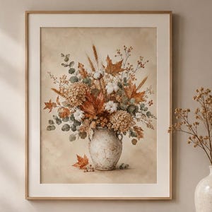 Autumn Floral Wall Art Printable, Fall Hydrangea Cotton Bouquet, Neutral Farmhouse Botanical Digital Download