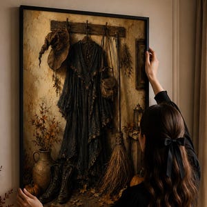 Witch Costume Halloween Wall Art Printable, Vintage Halloween Dress and Broom Decor, Witchy Cottagecore Digital Download