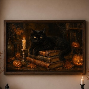 Könnte beinhalten: Ein rechteckiger gerahmter Wandkunstdruck, der eine schwarze Katze zeigt, die auf einem Stapel alter Bücher ruht, umgeben von Herbstblättern, brennenden Kerzen und geschnitzten Kürbissen in einer dunklen, atmosphärischen Umgebung mit warmen Orange- und Brauntönen.