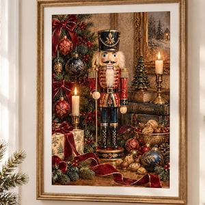 May include: A framed wall art print depicting a central nutcracker figure in a red and blue uniform, surrounded by a decorated Christmas tree, lit candles, stacked books, a bowl of walnuts, and red velvet ribbons in a festive holiday scene.