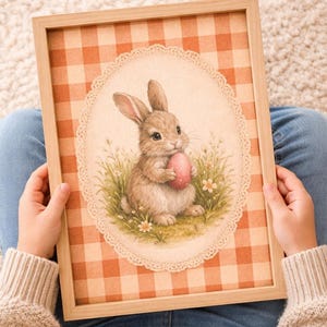 Vintage Easter Bunny Wall Art Printable, Cottagecore Rabbit with Egg Illustration, Gingham Farmhouse Decor, Cute Bunny Nursery Print