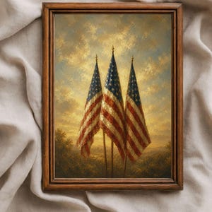 Three American Flags Wall Art Printable, Vintage Patriotic Flag Print, 4th of July Americana Decor, Digital Download