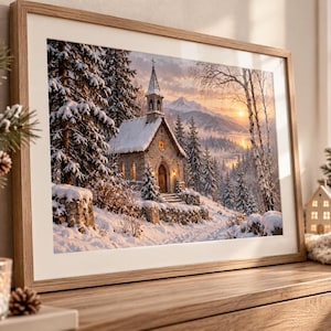 May include: A framed landscape print depicting a stone church with a steeple nestled in a snowy mountain forest at sunset. The scene features snow-covered pine trees, a glowing golden sky, and a stone wall leading to the church entrance.