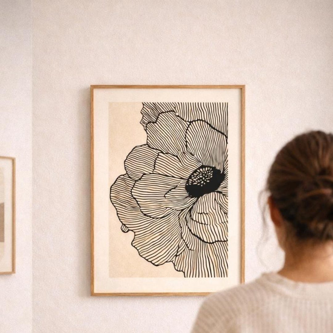 Neutral Abstract Floral Line Art Print, Minimalist Black Beige Flower ...
