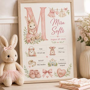 May include: A framed birth announcement print featuring a large letter M, a rabbit illustration, and baby details including the name Mira Softr, August 05 2025, 02:22 am, 7 lb 7 oz, 18.5 inches, and Presbyterian hospital, decorated with pink hearts and bows.