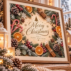 Könnte beinhalten: Ein gerahmter Druck mit dem Text Merry Christmas and a Happy New Year, umgeben von einem festlichen Rand aus Tannenzweigen, Tannenzapfen, getrockneten Orangenscheiben, Zimtstangen, roten Beeren, Zuckerstangen und weißen Schneeflocken.