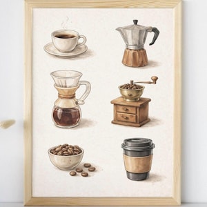INSTANT Digital Download Coffee Tools Wall Art PrintableM,Vintage Coffee Illustration,Moka Pot & Grinder Art,Cozy Kitchen Coffee Bar Decor