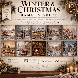 Könnte beinhalten: Ein digitales Kunstset für Frame-TVs mit 10 Winter- und Weihnachtsszenen. Die Sammlung enthält Bilder vom Weihnachtsmann, verschneiten Landschaften, gemütlichen Kaminen und festlichen Märkten. Der Text lautet 'WINTER & CHRISTMAS FRAME TV ART SET'.