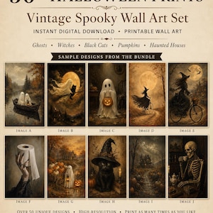 Könnte beinhalten: Eine digitale Sammlung mit dem Titel 50+ Halloween Prints Vintage Spooky Wall Art Set. Sie enthält zehn Beispielillustrationen, darunter Geister in einem Boot, eine Hexe auf einem Besen, ein Geist mit Kürbis und ein Skelett beim Teetrinken.