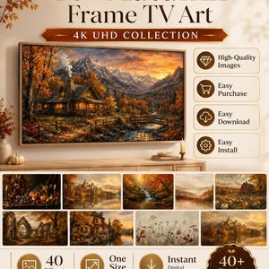 May include: A digital collection of 40+ Autumn Frame TV Art 4K UHD images featuring various seasonal landscapes, including a cabin by a stream, pumpkin patches, and forest scenes, presented as a display on a television screen with icons.