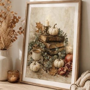 Vintage Fall Still Life Wall Art Printable, Pumpkin Books & Candle, Dark Academia Autumn Decor