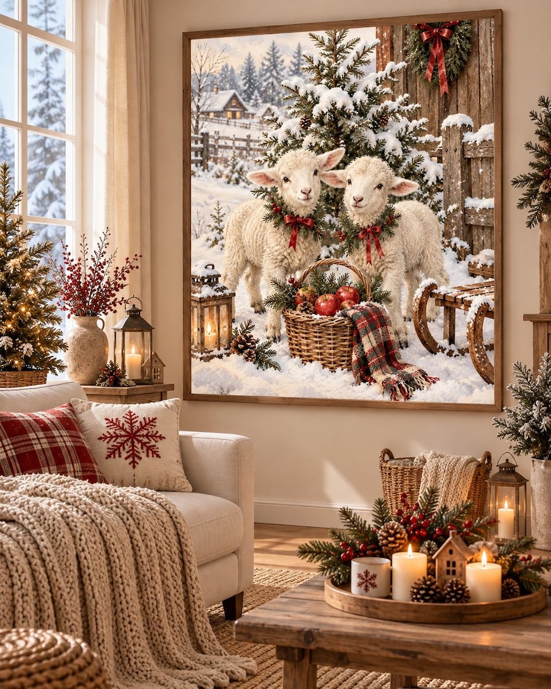Christmas Lamb Wall Art, Two Sheep Printable, Rustic Farmhouse Winter ...