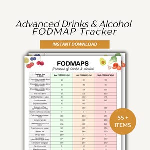 Puede incluir: Una descarga digital titulada "Advanced Drinks & Alcohol FODMAP Tracker". El gráfico enumera los niveles de FODMAP para varias bebidas, incluyendo café, té y refrescos. La imagen incluye el texto "Descarga instantánea" y "55+ artículos."
