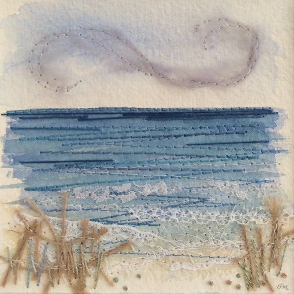 Original textile art: embroidered seascape, ready to frame