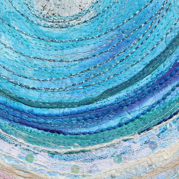 Original textile art: embroidered semi-abstract seascape, ready to frame