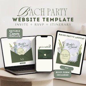 Könnte beinhalten: Eine Website-Vorlage für einen Junggesellinnenabschied, angezeigt auf einem Laptop, Smartphone und Tablet. Das Design zeigt einen dunkelgrünen Umschlag mit einer floralen Einladung und den Text "Bach Party Website Template".