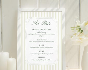 Grün gestreifte Hochzeit Bar Menü Vorlage, moderne Drink Beschilderung, digitaler Download