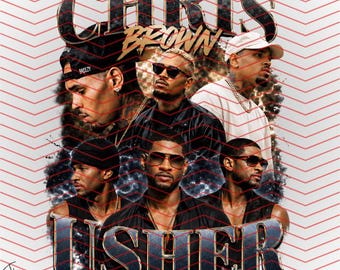 Puede incluir: Diseño gráfico con múltiples imágenes de Chris Brown y Usher. Los nombres "CHRIS BROWN" y "USHER" se muestran de forma destacada en una fuente estilizada. El fondo tiene un patrón de chevrón rojo y blanco.