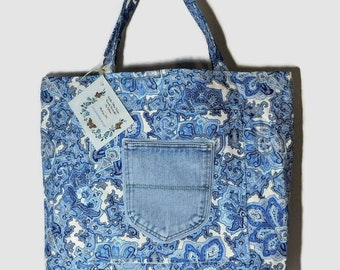 Carryall, Book Bag, Shopping Bag, Craft Supply Storage, Large Tote Bag Organizer, Blue and White Denim Cotton Quilted Fabric, Paisley Print