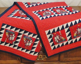 Hand Stitched Nautical Quilt: Twin Size Sailing Ship Patchwork