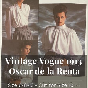 Vintage Vogue Oscar de la Renta Sewing Pattern: Blouse, 3 Styles, Size 6-8-10