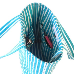 Stylish Quilted Tote Bag, Medium Ladies Handbag, Turquoise and White, Fabric FLower, Scarf and Key Clip, Shoulder Strap Hobo Style Purse image 5