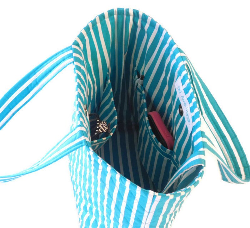 Stylish Quilted Tote Bag, Medium Ladies Handbag, Turquoise and White, Fabric FLower, Scarf and Key Clip, Shoulder Strap Hobo Style Purse image 5