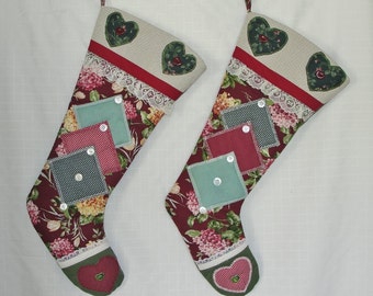 Christmas Stockings, Burlap trim Buttons and Hearts, Patchwork and Applique Quilted Fabrics, Burgundy Green Floral Prints