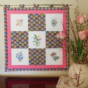 Floral Embroidered Quilted Wall Hanging: Cotton Fabric Decor (33&quot; x 33&quot;)