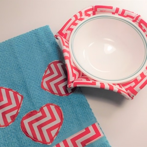 Microwave Bowl Cozy, Hot Pad, Bowl Cozy Gift, Soup Bowl Cozy, Pot Holder, Dish Towel Red White Chevron, Kitchen Gift Set