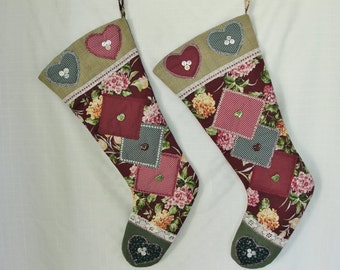 Burlap Christmas Stocking, Christmas Decor, Burlap Trim Stocking, Burlap Christmas Stocking,  Trimmed  in Buttons, Hearts, and Lace