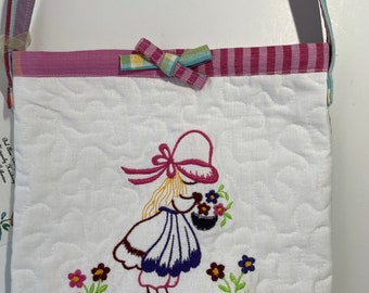 Girls Quilted Fabric Purse, Tote 6" x 8" Lightweight, Accessory, Embroidered Flower Girl Front, Velcro Closure, 16" Shoulder Strap,