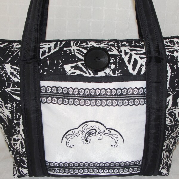 Black and White Quilted Purse, Hobo Tote Bag, Crossbody Shoulder Purse, Embroidered Quilted Fabric, One Of A  Kind Satin Lining