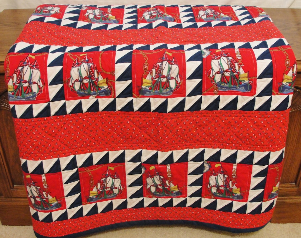 Nautical Quilt, Twin Size Quilt, Patchwork Quilt, Sailing Blanket