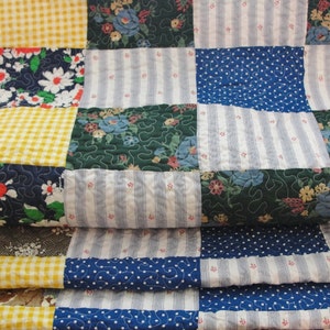 Full Size Vintage Quilt Top, Blue and Yellow 4&quot; Prints, 70&quot; x 90&quot; White Backing and Maroon Trim Newly finished, Machine Quilted